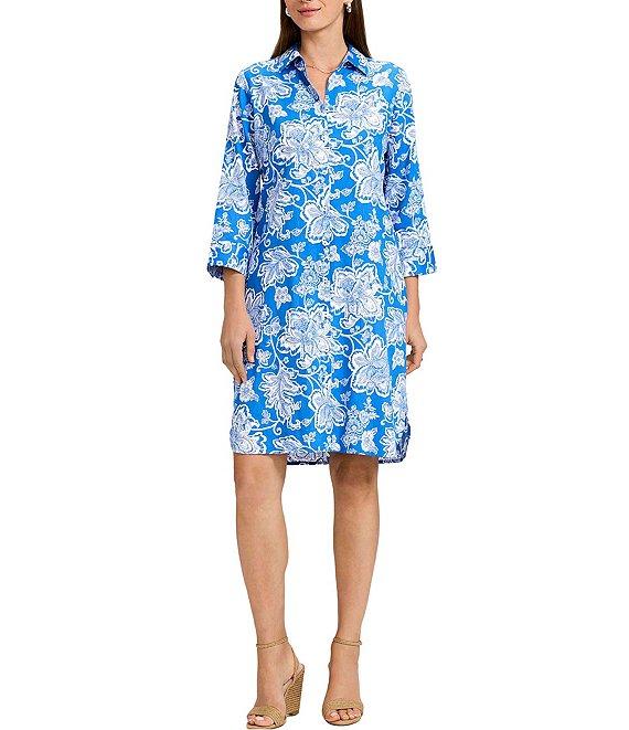 Foxcroft Rocca Cotton Sateen Floral Collage Print Point Collar 3/4 Sleeve Button-Front Shirt Dress Product Image