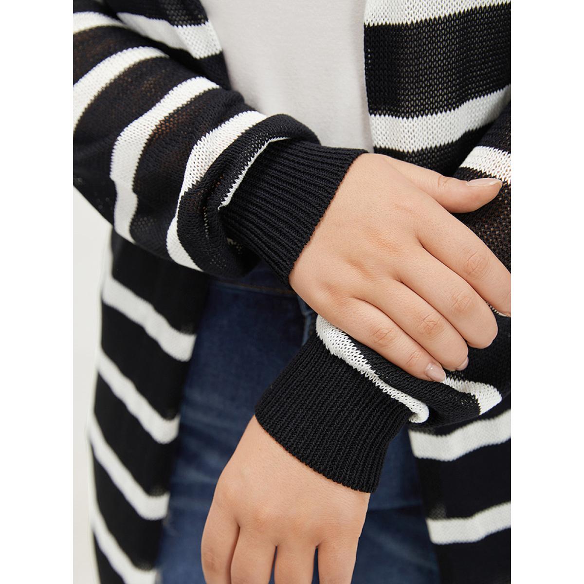 Plus Size Striped Open Front Elastic Cuffs Drop Shoulder Cardigan Black Women Casual Loose Long Sleeve Everyday Cardigans BloomChic 14-16/1X Product Image