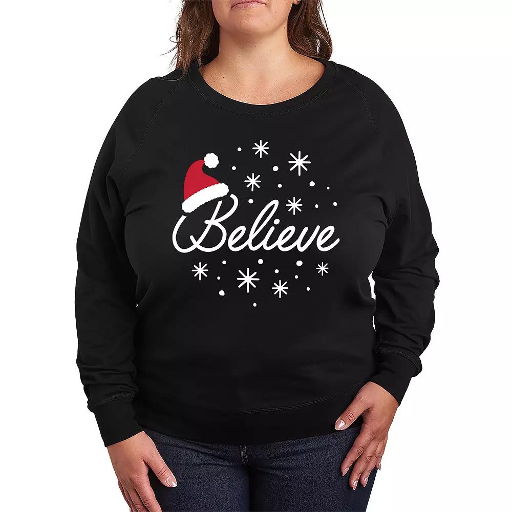 Plus Size Believe With Santa Hat French Terry Long Sleeve Tee, Women's, Size: 1XL, Black Product Image