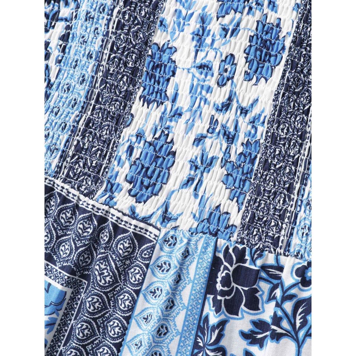 Plus Size DarkBlue Floral Collage Shirred Straight-Leg Jumpsuit Women Sleeveless U-neck Everyday-Casual Loose Jumpsuits BloomChic 14-16/1X Product Image