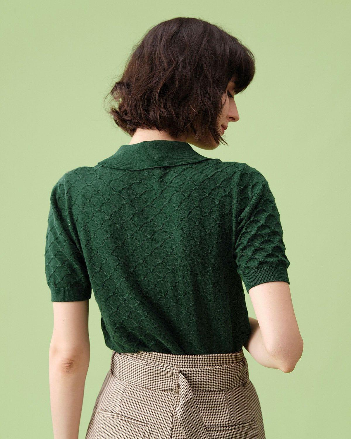 The Green Short Sleeve Textured Lapel Knit Tee Female Product Image