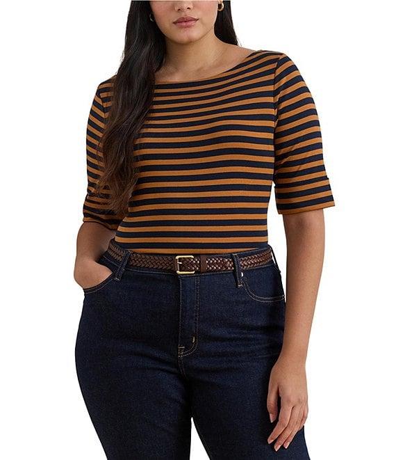 Lauren Ralph Lauren Plus Size Stretch Cotton Striped Boat Neck Elbow Sleeve Tee Product Image