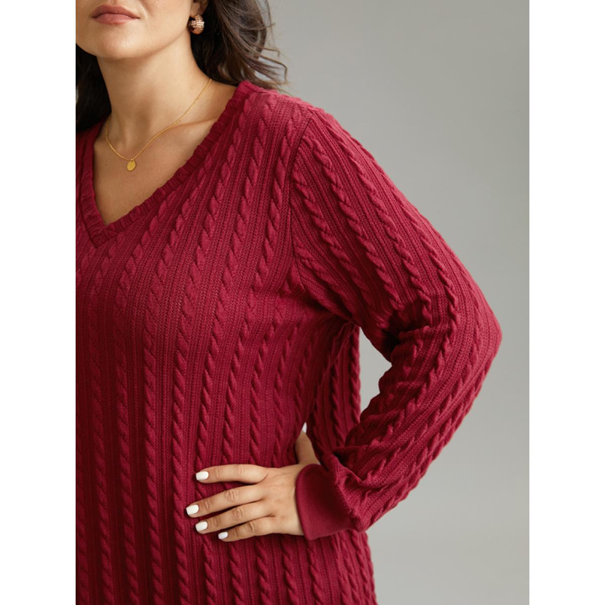 Plus Size Rib Knit Plain Elastic Cuffs Sweatshirt Women Scarlet Elegant Rib Knit V-neck Dailywear Sweatshirts BloomChic 26/4X Product Image