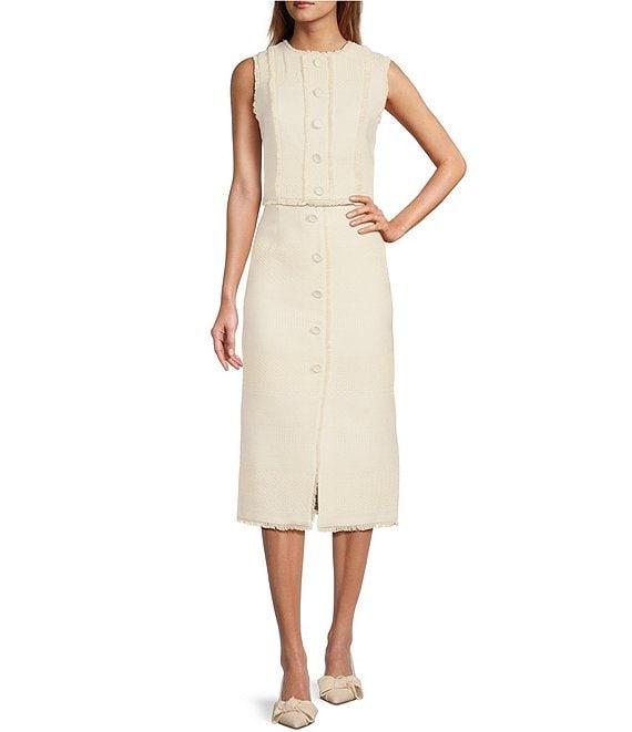 Murielle Tweed Midi Front Slit Frayed Edge Coordinating Pencil Skirt Product Image