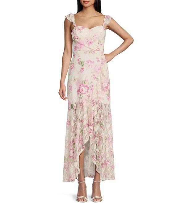 I.N. San Francisco Floral Print Sweetheart Neck Flutter Sleeve Wrap High-Low Dress Product Image