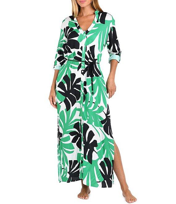 Sunshine '79 Monstera Collared Neck Button Front Shirt Swim Cover-Up Dress Product Image