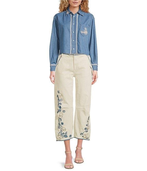 Driftwood Denim Point Collar Long Sleeve Embroidered Floral Applique Shirt Product Image