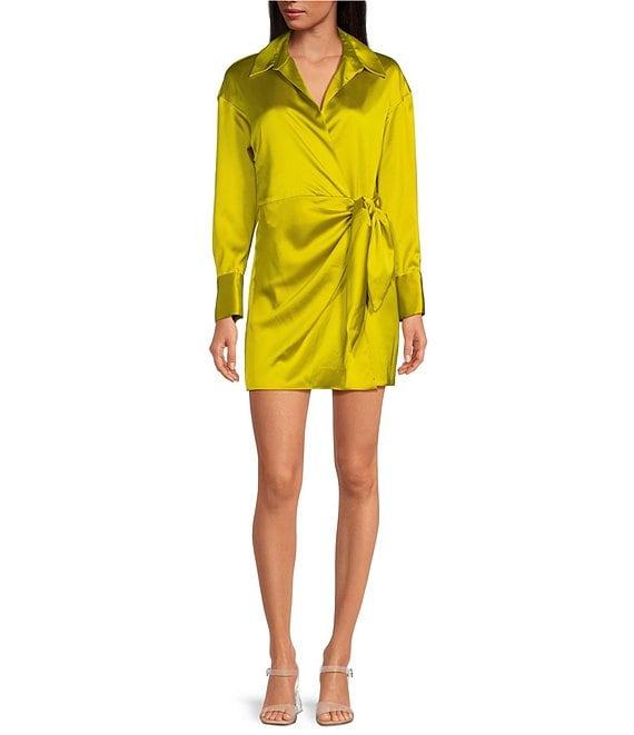 Gianni Bini Avery Long Sleeve Satin Point Collar Neck Faux Wrap Dress Product Image