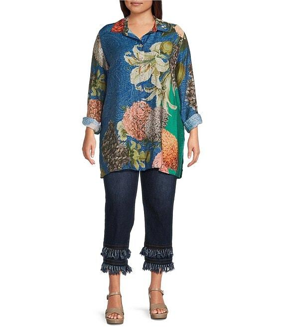 John Mark Plus Size Large Multi Floral Print Point Collar Long Roll-Tab Sleeve Button Front Tunic Product Image