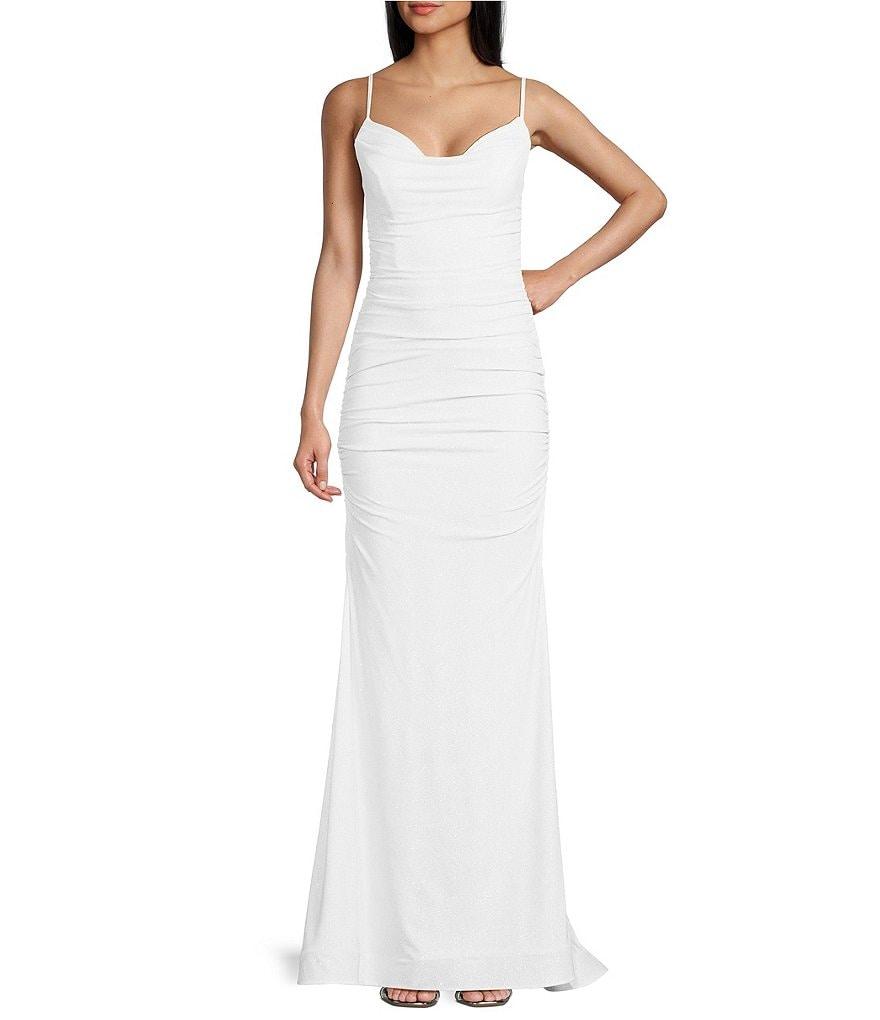 B. Darlin Glitter Ruched Cowl Neck Long Dress Product Image