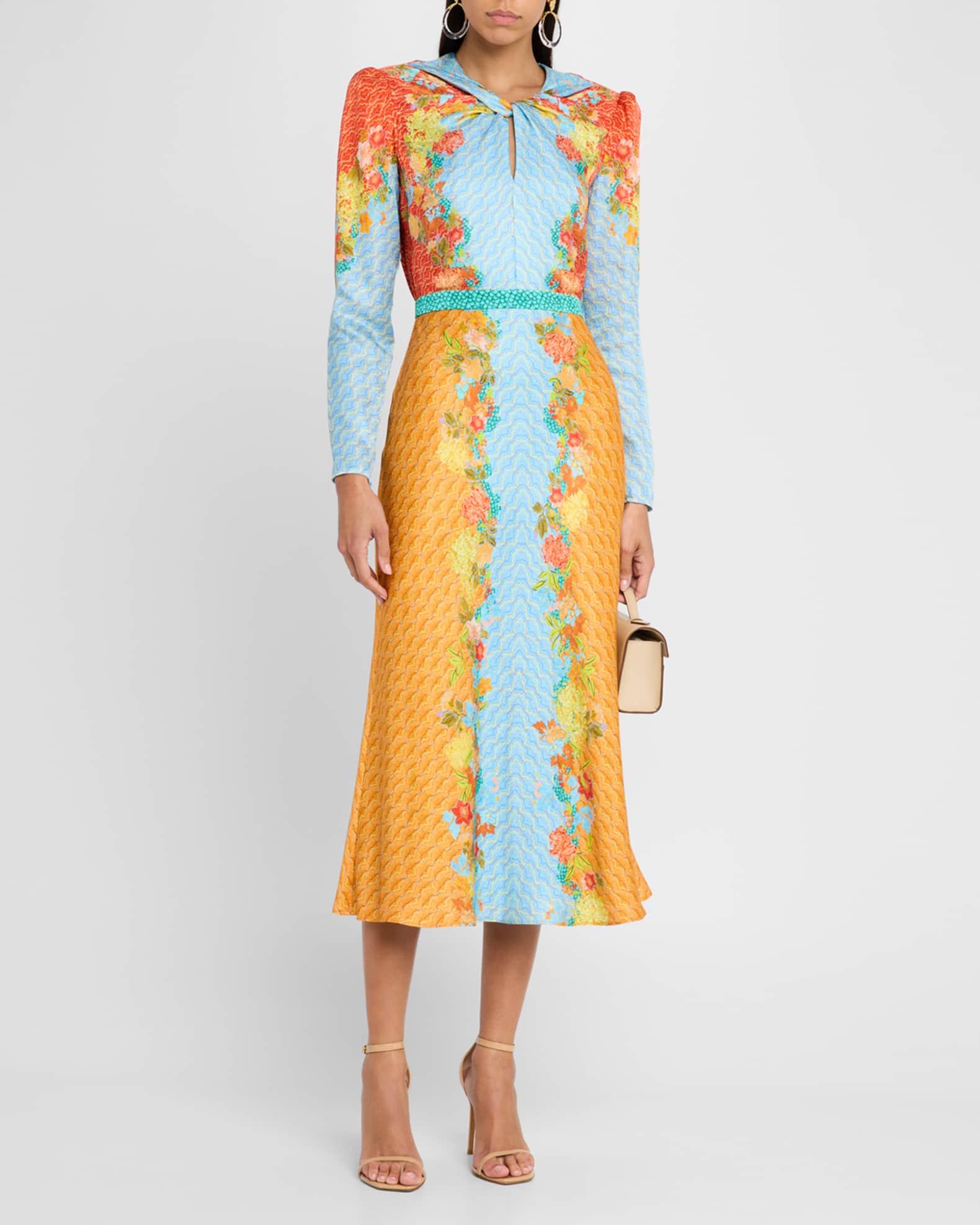 Claudia Floral Silk Long-Sleeve Fluted Midi Dress Product Image