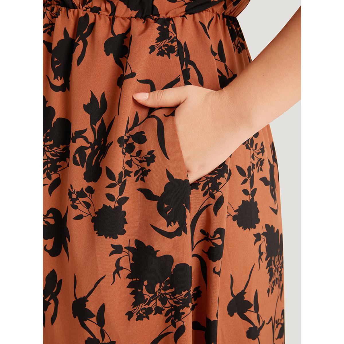 Plus Size Silhouette Floral Print Surplice Neck Elastic Waist Dress Chocolate Women Elegant Wrap V-neck Short sleeve Curvy Midi Dress BloomChic 10/M Product Image