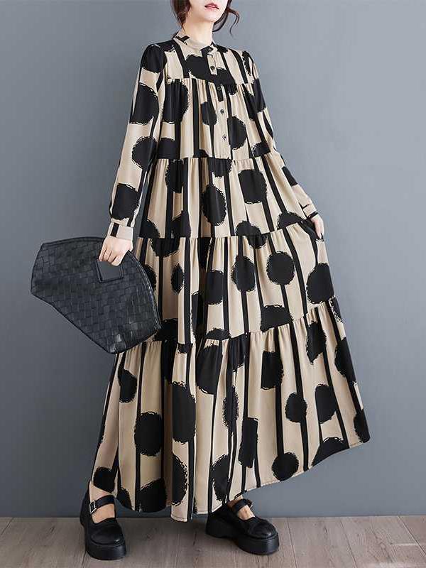 A-Line Long Sleeves Buttoned Pleated Polka-Dot Split-Joint Stand Collar Maxi Dresses Shirt Dress Product Image