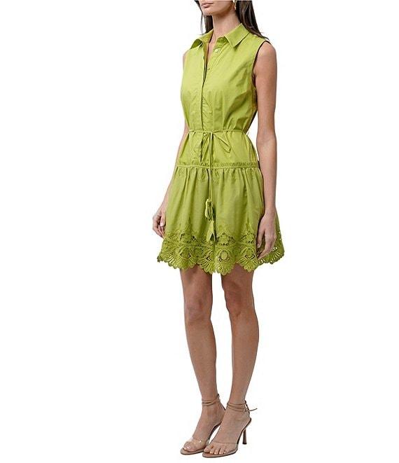 Adelyn Rae Dustina Woven Point Collar Neck Sleeveless Embroidered Hem Button Front Waist Tie Shirt Mini Dress Product Image