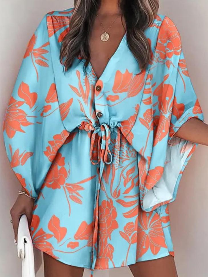 Original Loose Floral Printed Contrast Color Tied Mini Shirt Dress Product Image