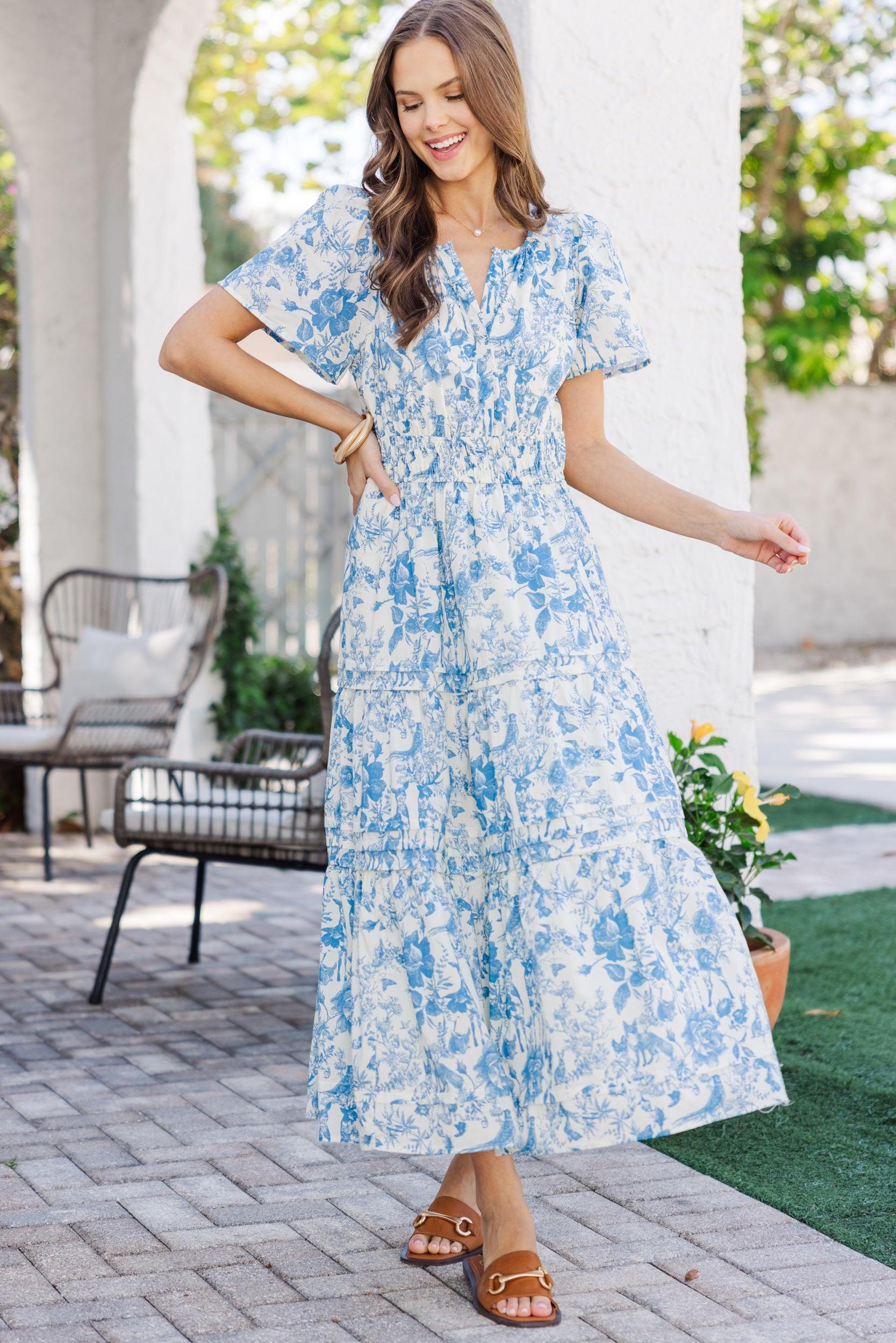 It's In The Air Blue Toile Tiered Midi Dress Female Product Image