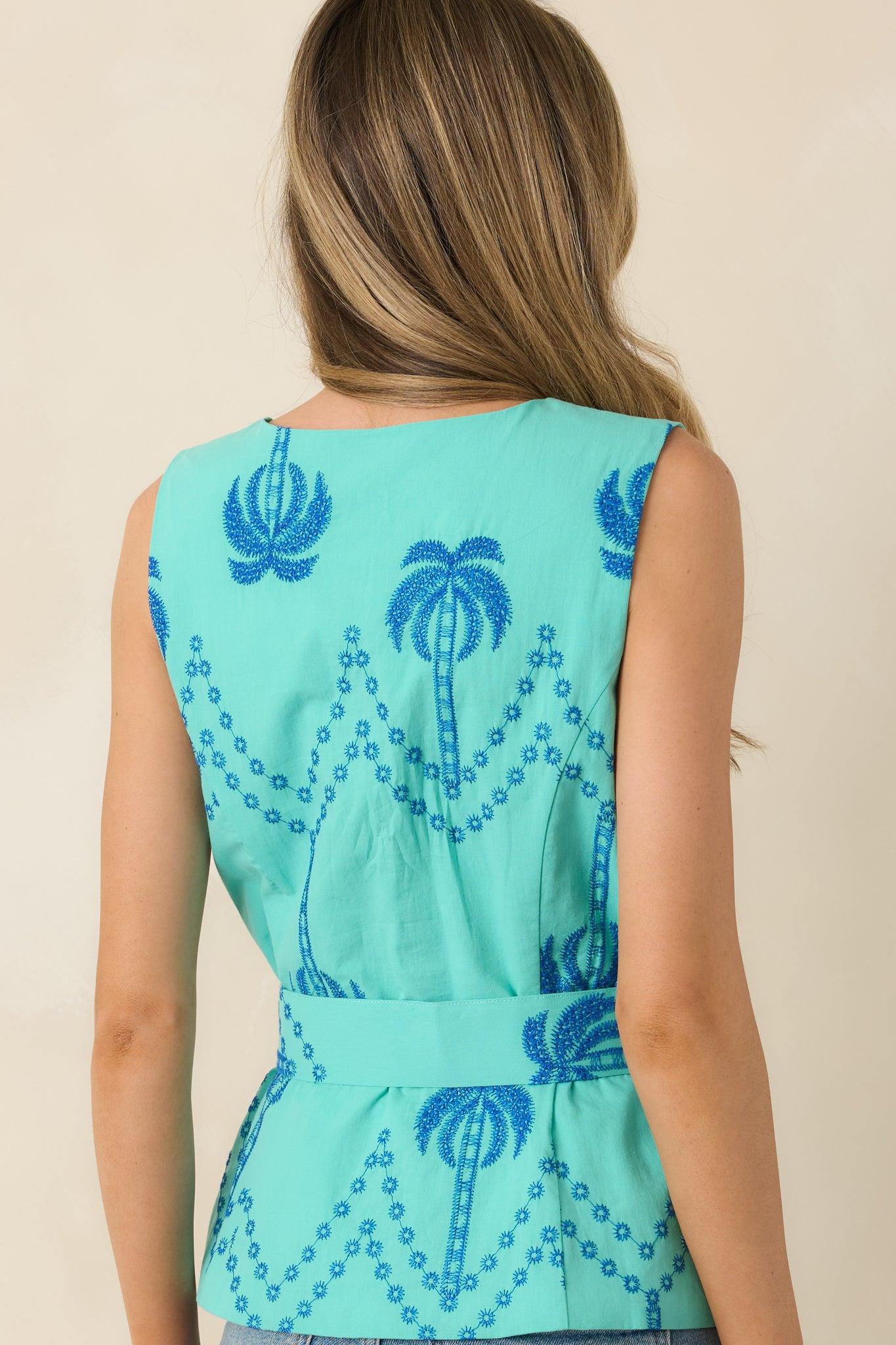 Island Pulse Teal Palm Embroidered Cotton Belted Top Product Image