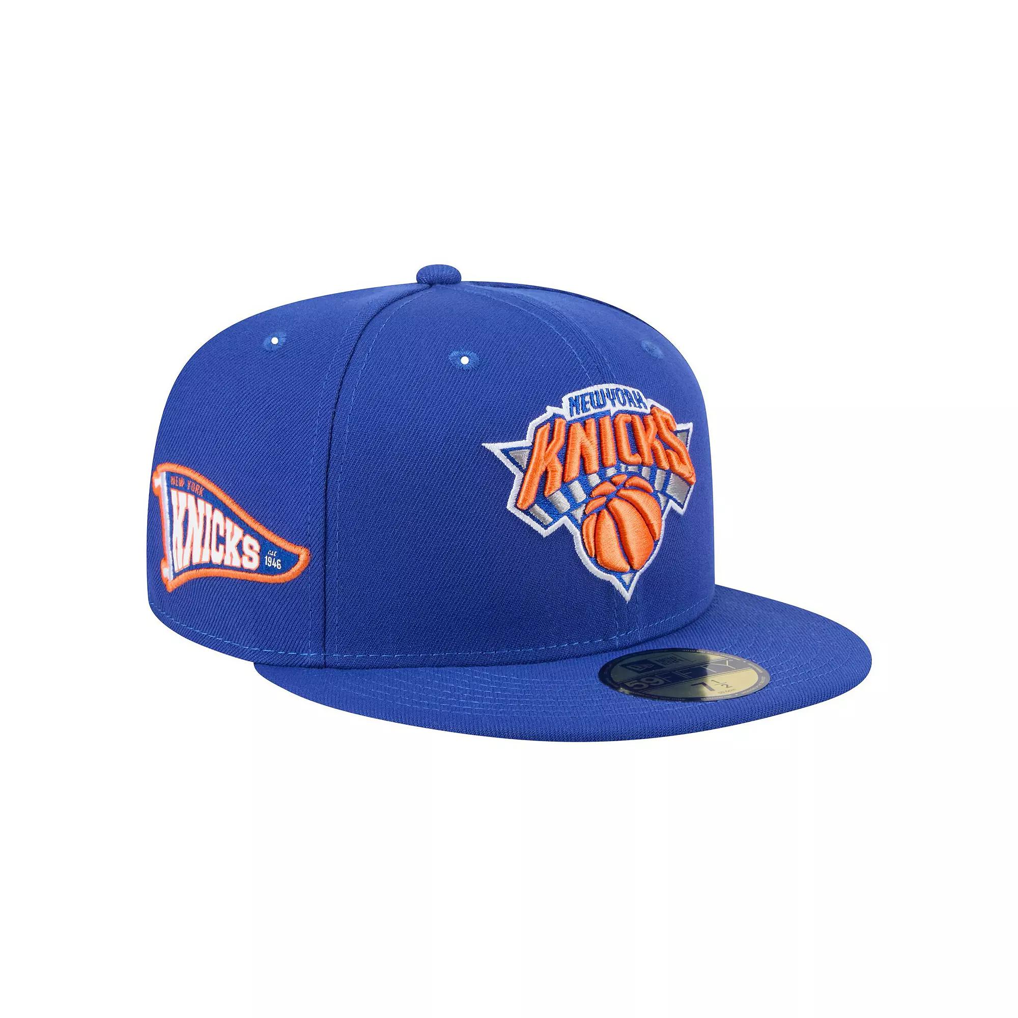 Men's New Era Blue New York Knicks Throwback Pennant 59FIFTY Fitted Hat, Size: 7 1/8 Product Image