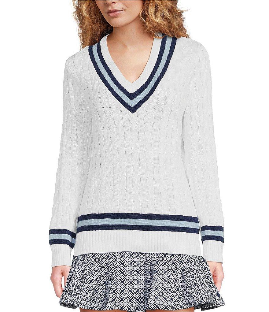 Lilly Pulitzer Brockton Cable Knit V-Neck Long Sleeve Stripe Detail Sweater Product Image