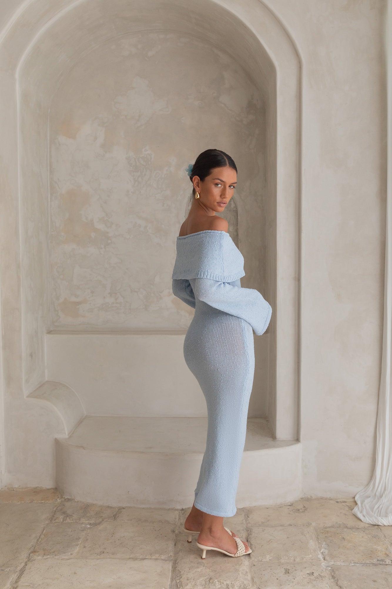 Cabana Crush Off Shoulder Knit Midi Dress Blue Product Image