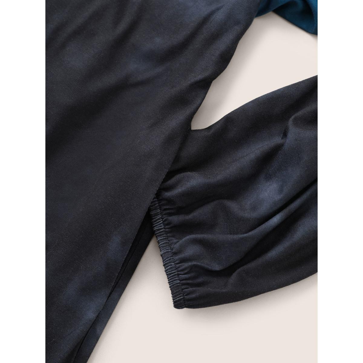 Plus Size Tie Dye Cut Out Belted Elastic Cuffs Dress DarkBlue Women Casual Non Notched collar Elbow-length sleeve Curvy Midi Dress BloomChic 12/L Product Image