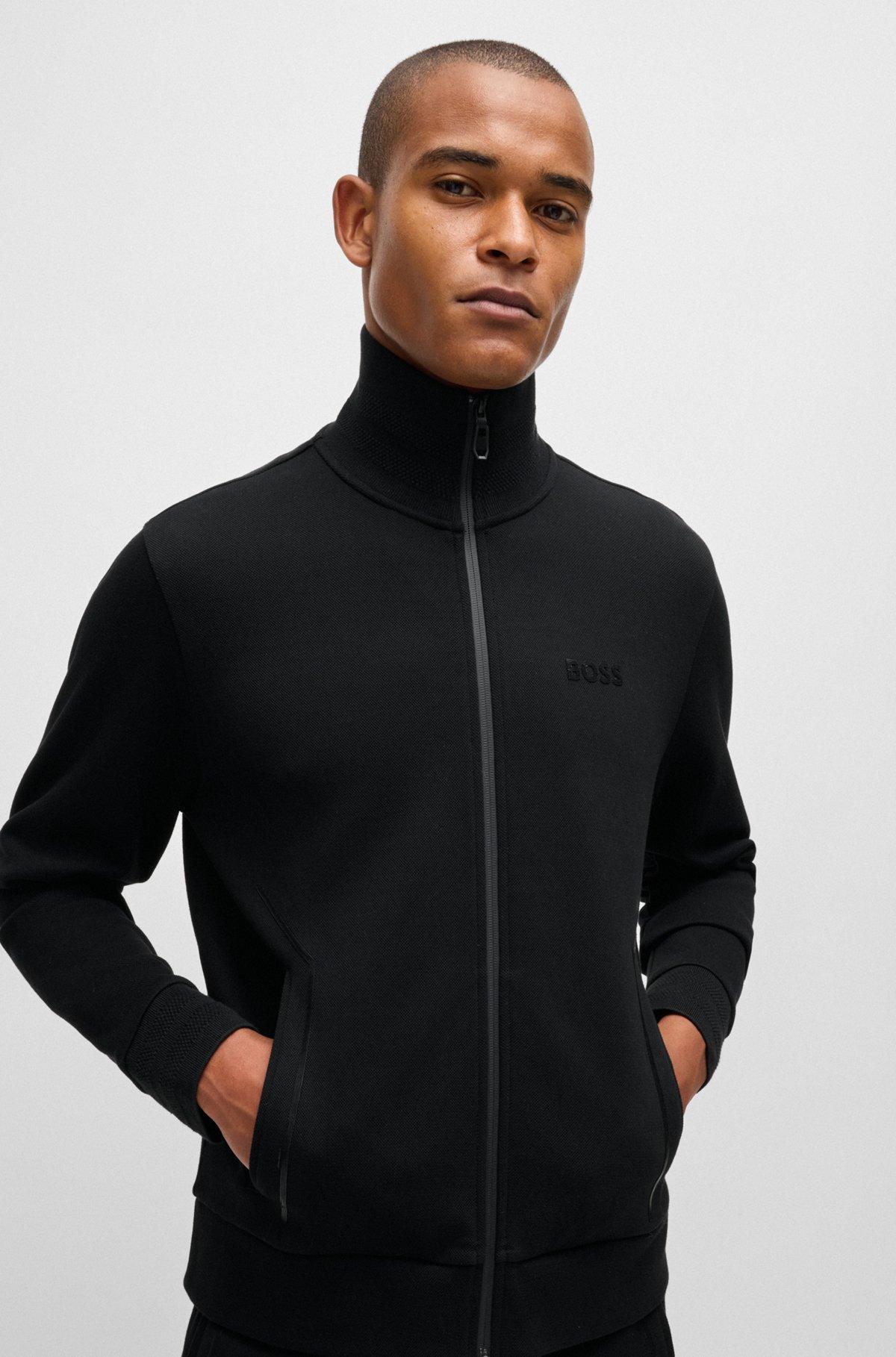 BOSS - Sweatshirt with jacquard collar and cuffs - Black Product Image