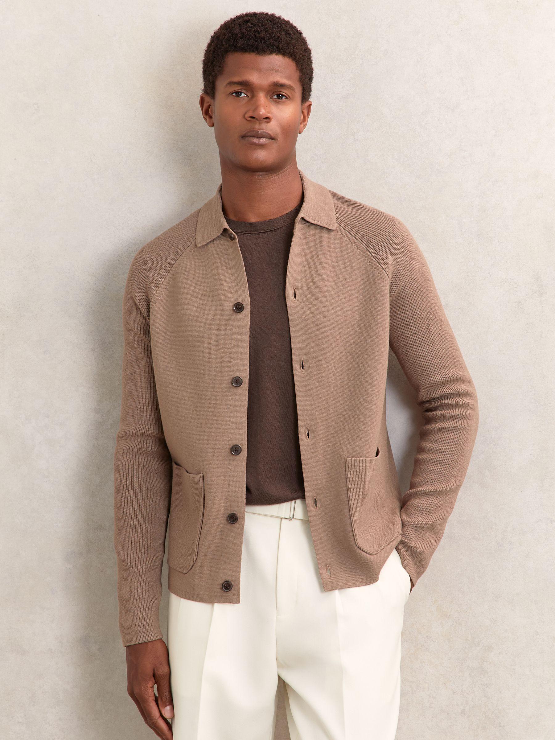 Button-Through Ribbed-Sleeve Shirt in Camel Brown Product Image
