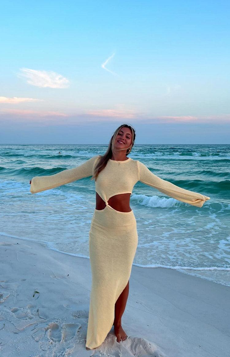 Arya Yellow Long Sleeve Knit Maxi Dress Product Image
