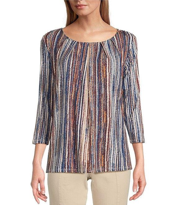 Intro Knit Jersey Abstract Stripe 3/4 Sleeve Pleated Neck Tee Product Image