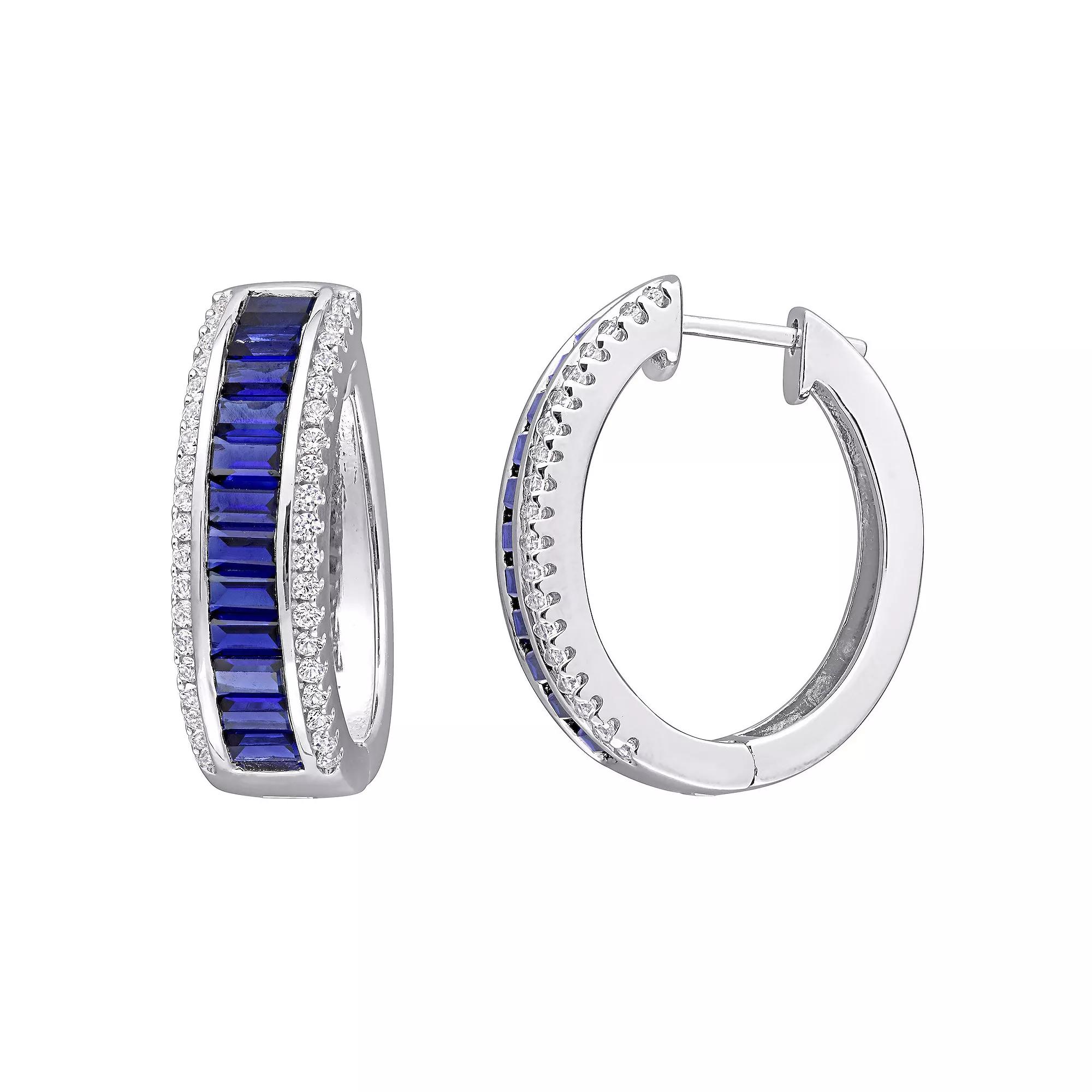 Stella Grace Sterling Silver Lab-Created Blue & White Sapphire Hoop Earrings, Women's Product Image