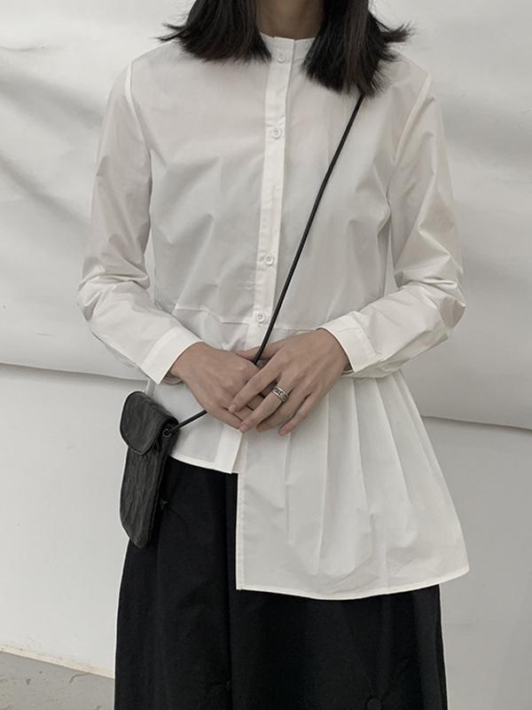 Long Sleeves Asymmetric Buttoned Pleated Solid Color Round-Neck Blouses&Shirts Tops Product Image