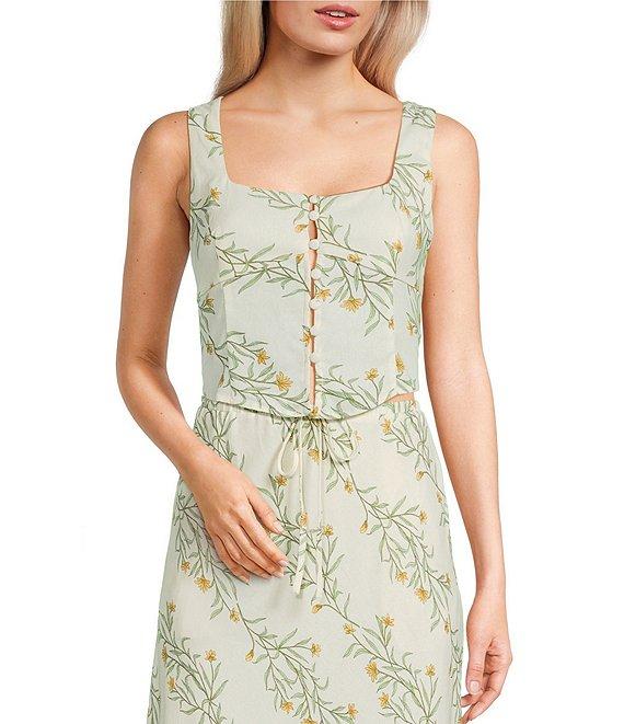 Blu Pepper Linen Blend Floral Print Coordinating Cropped Top Product Image