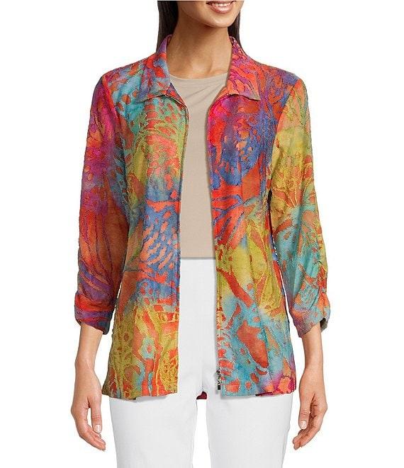 Ali Miles Burnout Abstract Floral Print Point Collar 3/4 Cinched Sleeve Zip-Up Jacket Product Image