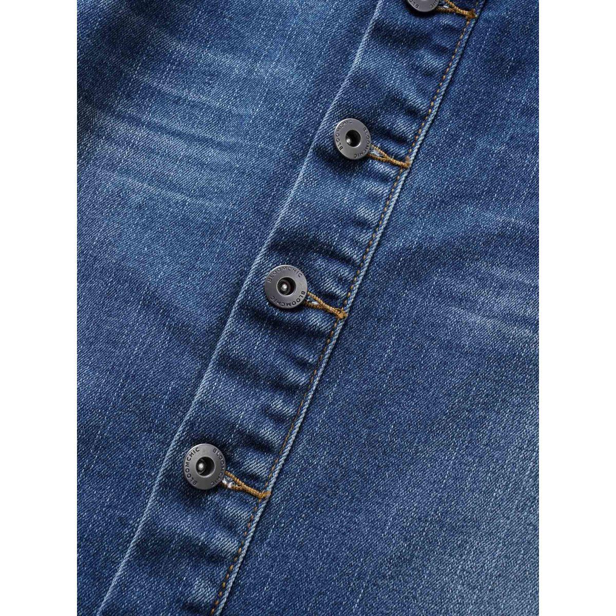Plus Size Dark Wash Button Detail Bodycon Denim Skirt Women Blue Everyday Non Plain High stretch Dark Wash 28/5X Slanted pocket Elegant Denim Skirts BloomChic Product Image