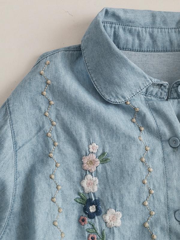 Flower Embroidery Wash Denim Blouses&Shirts Product Image