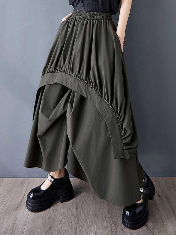 A-Line Loose Asymmetric Elasticity Pleated Pockets Solid Color Skirts Bottoms Product Image