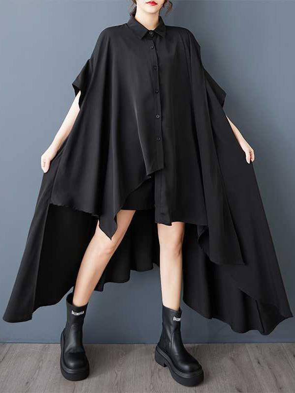 A-Line Half Sleeves Asymmetric Buttoned Pockets Solid Color Lapel Midi Dresses Shirt Dress Product Image