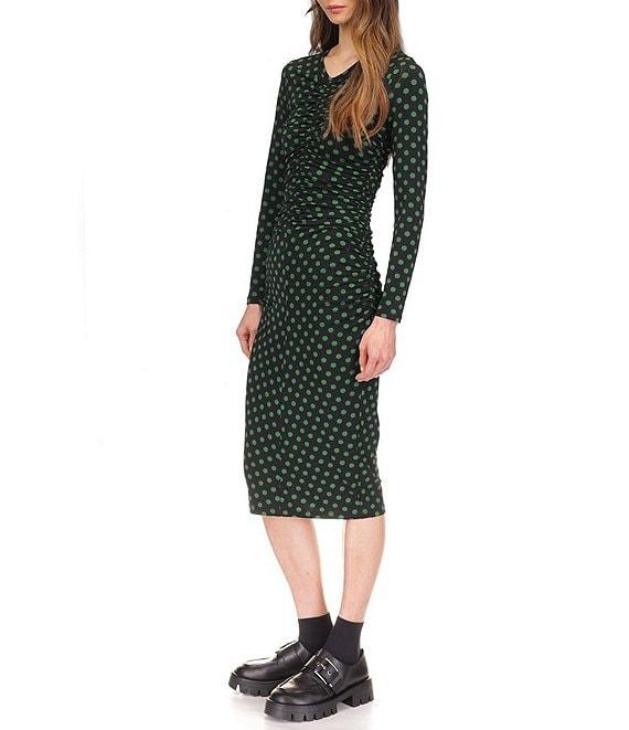 Michael Kors Dotted Long Sleeve Ruched Midi Sheath Dress Product Image
