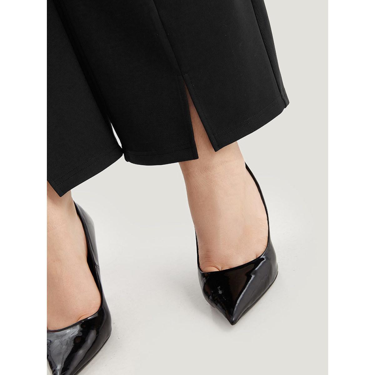 Plus Size Plain Split Front Pleated Pants Women Black At the Office Straight Leg High Rise Office Pants BloomChic 22-24/3X Product Image
