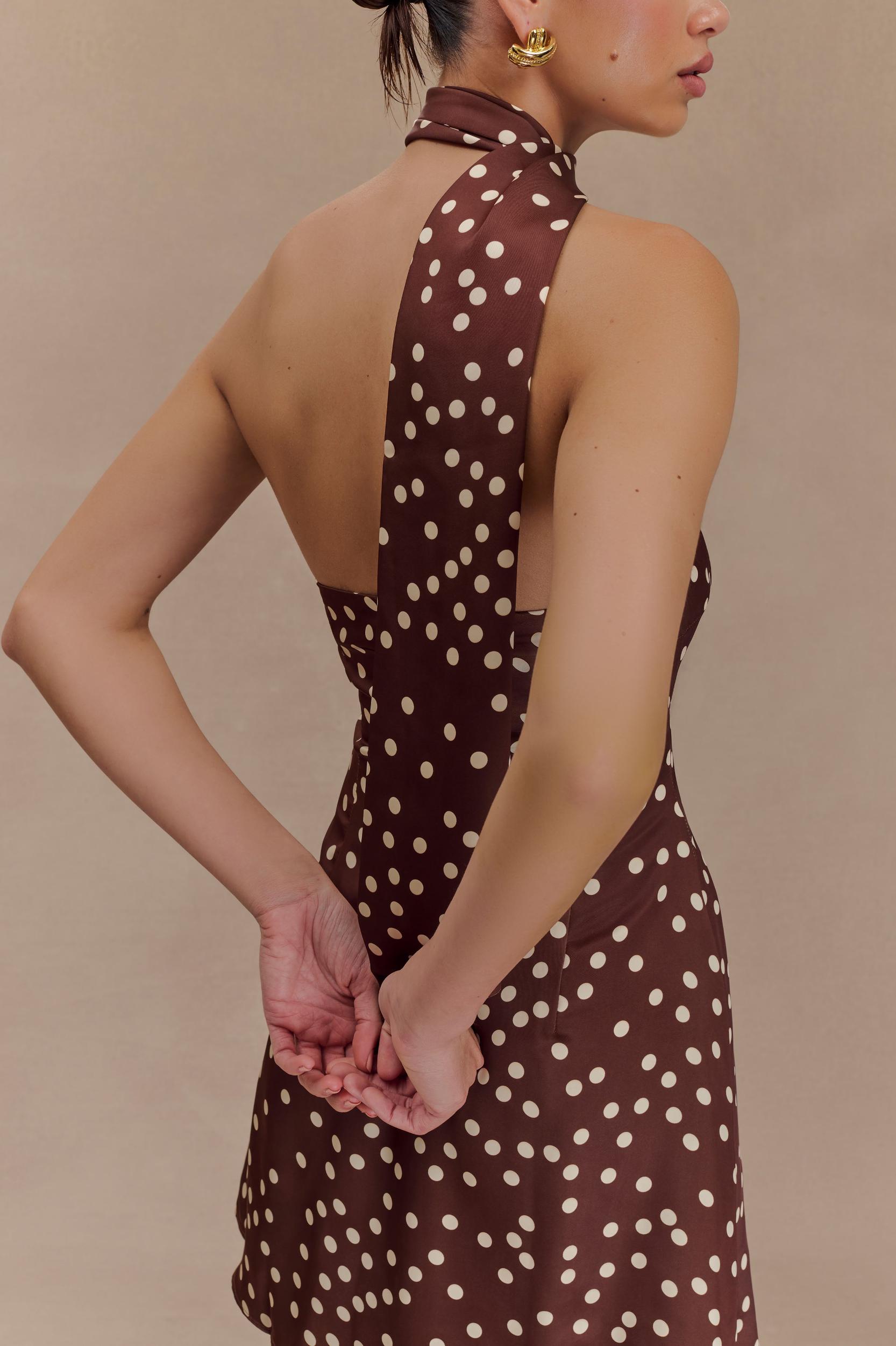 Joan Satin Asymmetrical Mini Dress - Brown Polka Dot Print Product Image