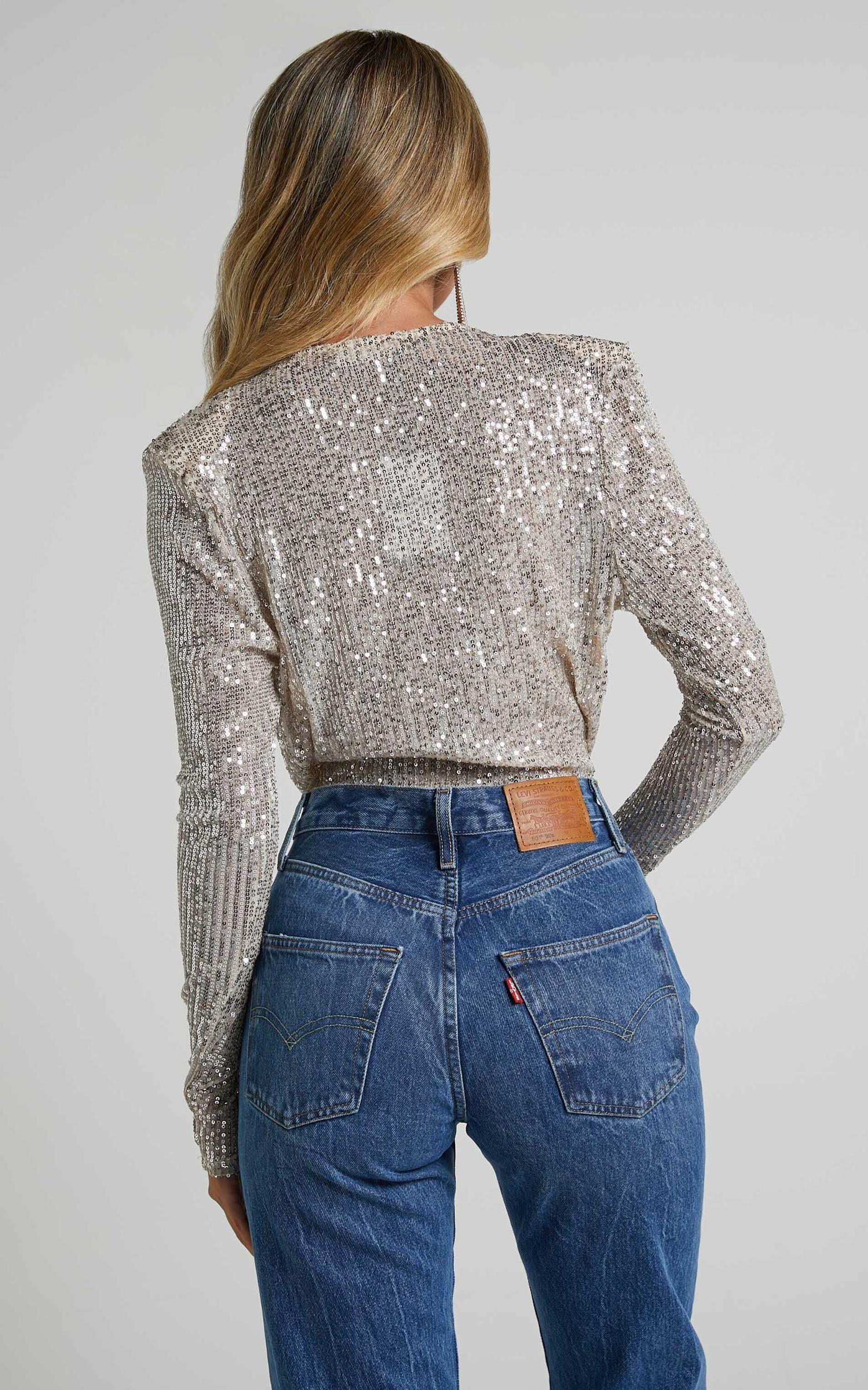 Alora Bodysuit - Sequin Wrap Front Long Sleeve Bodysuit in Silver Product Image