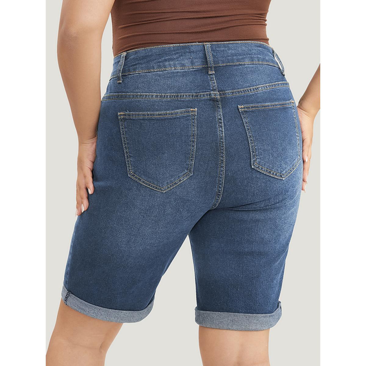 Plus Size Slightly Stretchy High Rise Dark Wash Distressed Denim Shorts Women Stone Casual Plain Distressed Low stretch Pocket Jeans BloomChic 30/6X Product Image