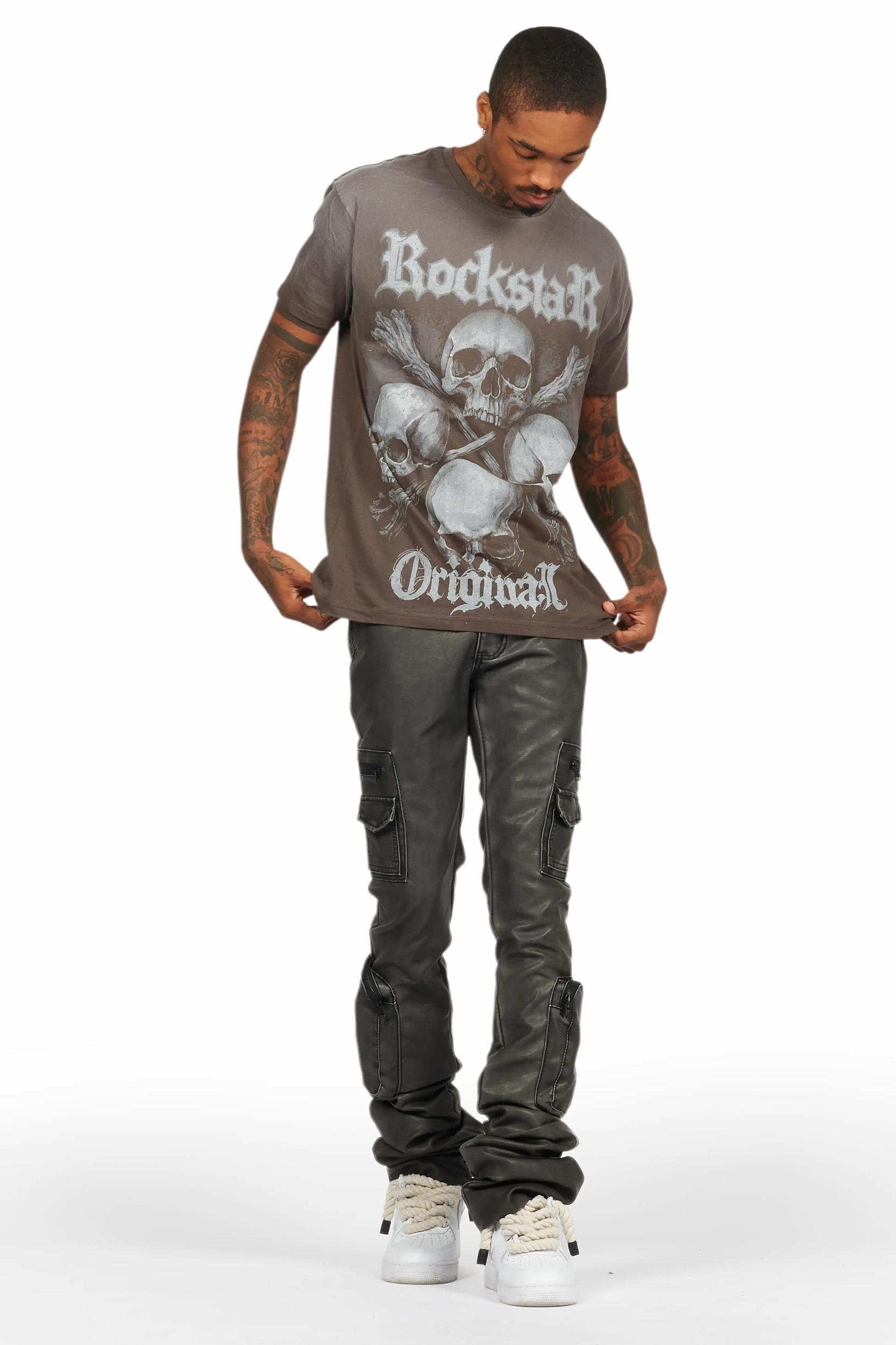 Sutton Distressed Black PU Super Stacked Flare Jean Male Product Image