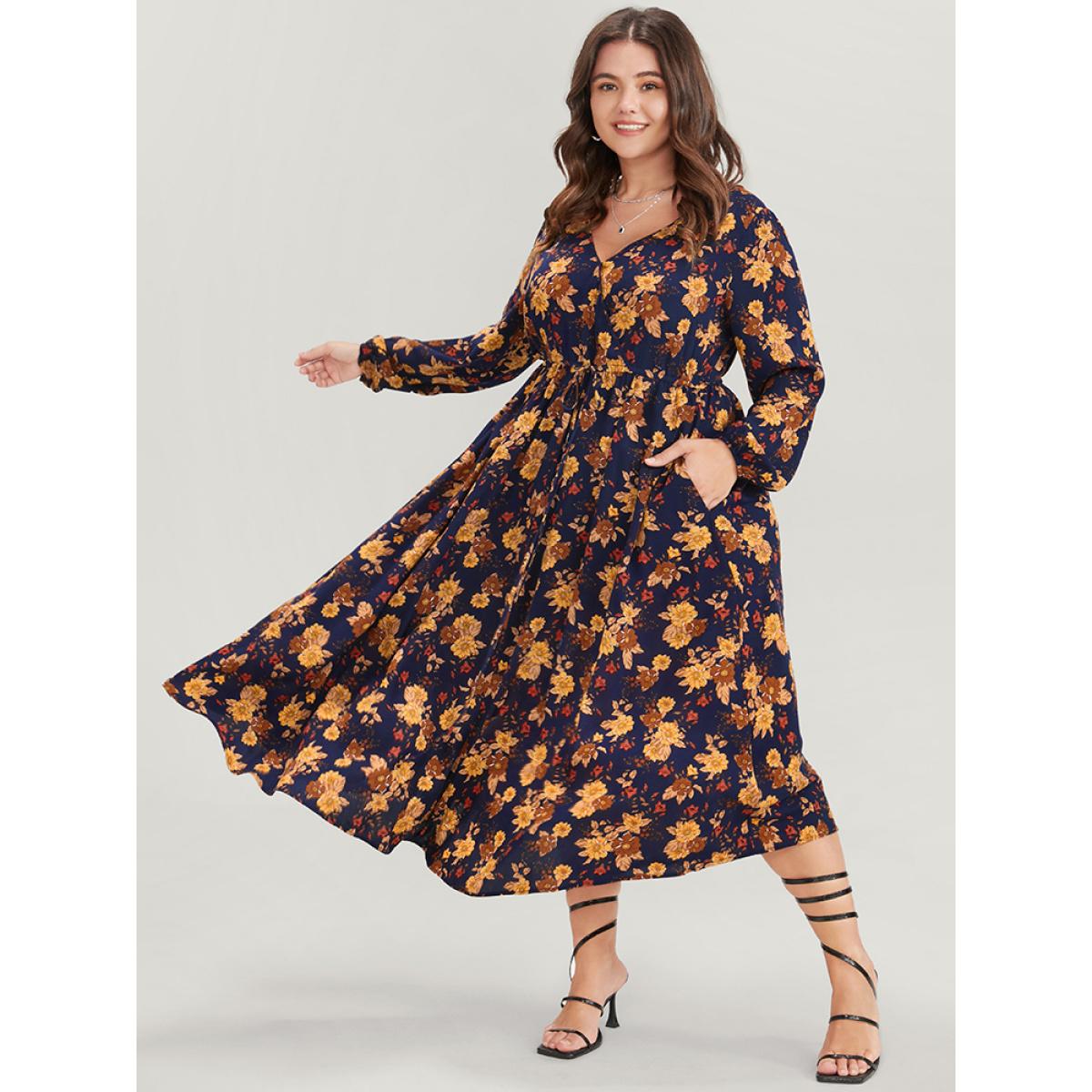 Plus Size Floral Lantern Sleeve Pocket Ties Up Wrap Flutter Dress Midnight Women Elegant Drawstring V-neck Long Sleeve Curvy Midi Dress BloomChic 30/6X Product Image