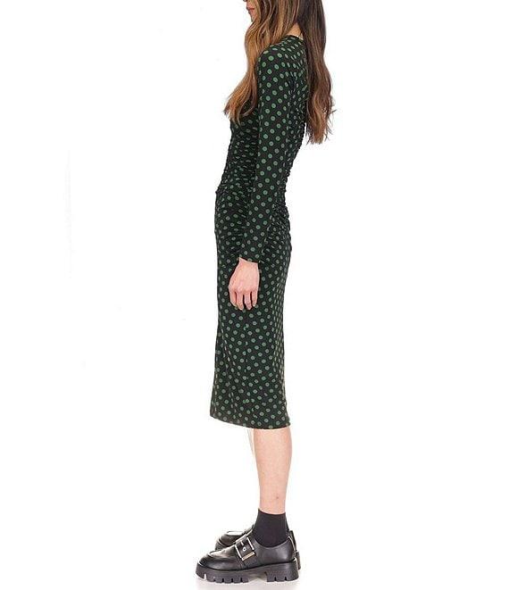 Michael Kors Dotted Long Sleeve Ruched Midi Sheath Dress Product Image