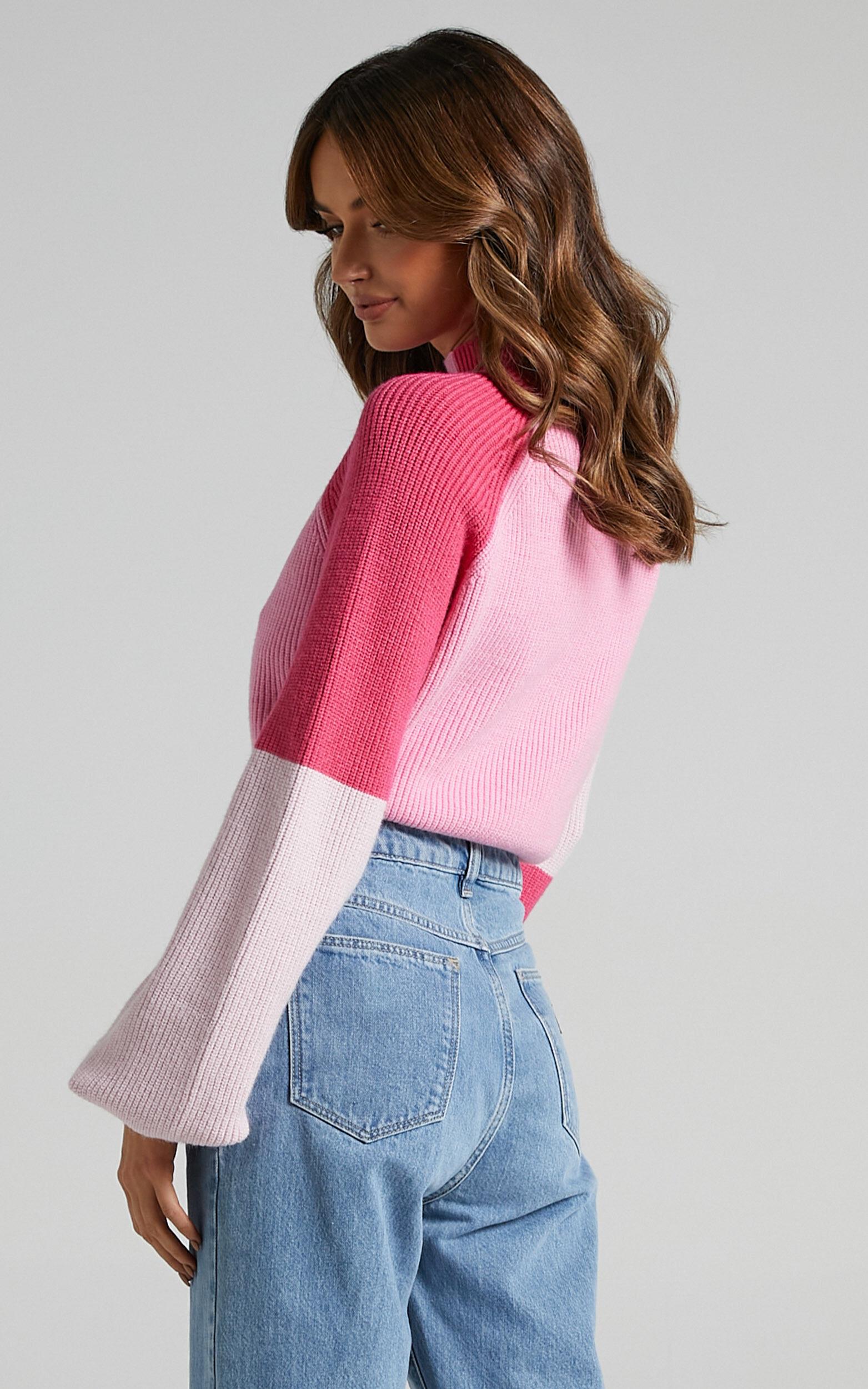 Kensley Jumper - Colour Block Turtleneck Balloon Sleeve Knit Jumper in Pink Product Image