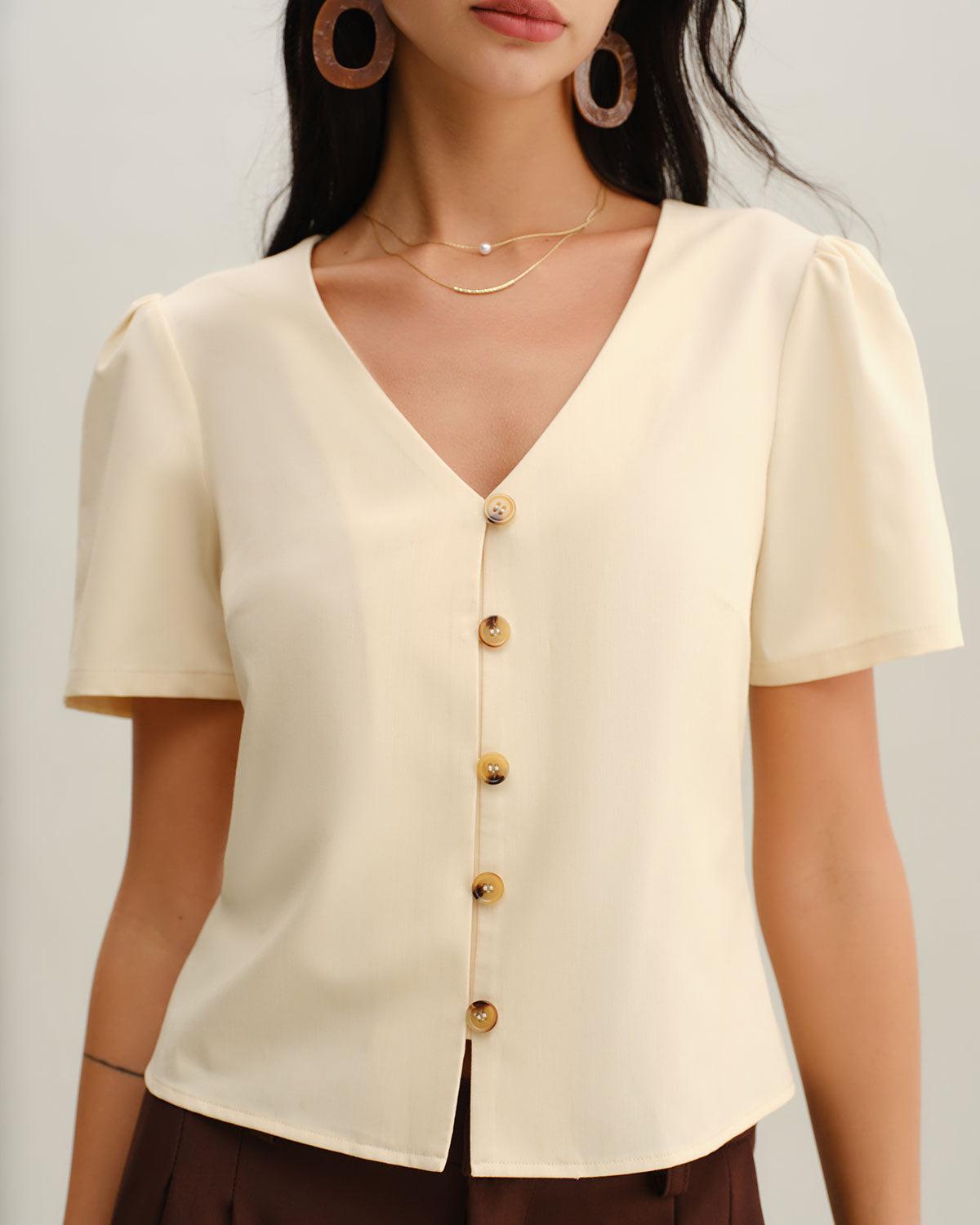 Beige V Neck Button Short Sleeve Blouse Product Image