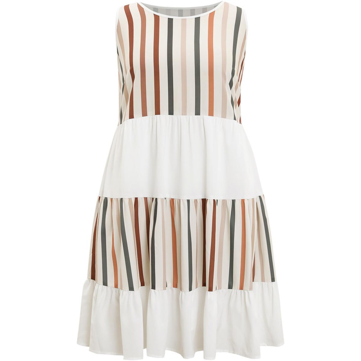 Plus Size Striped Patchwork Pocket Layered Hem Tank Dress Multicolor Women Vacation Contrast Round Neck Sleeveless Curvy Knee Dress BloomChic 30/6X Product Image