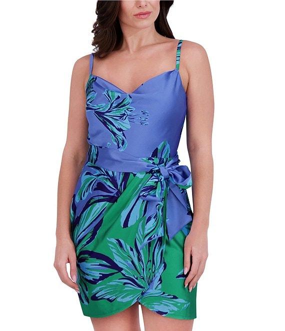 SIENA Charmeuse Floral Print Cowl Neck Sleeveless Belted Sheath Mini Dress Product Image