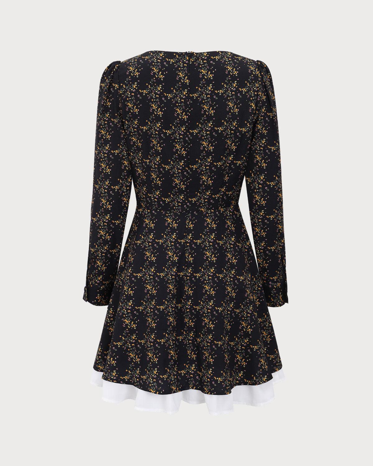Black Contrasting Puffed Sleeve Mini Dress Product Image